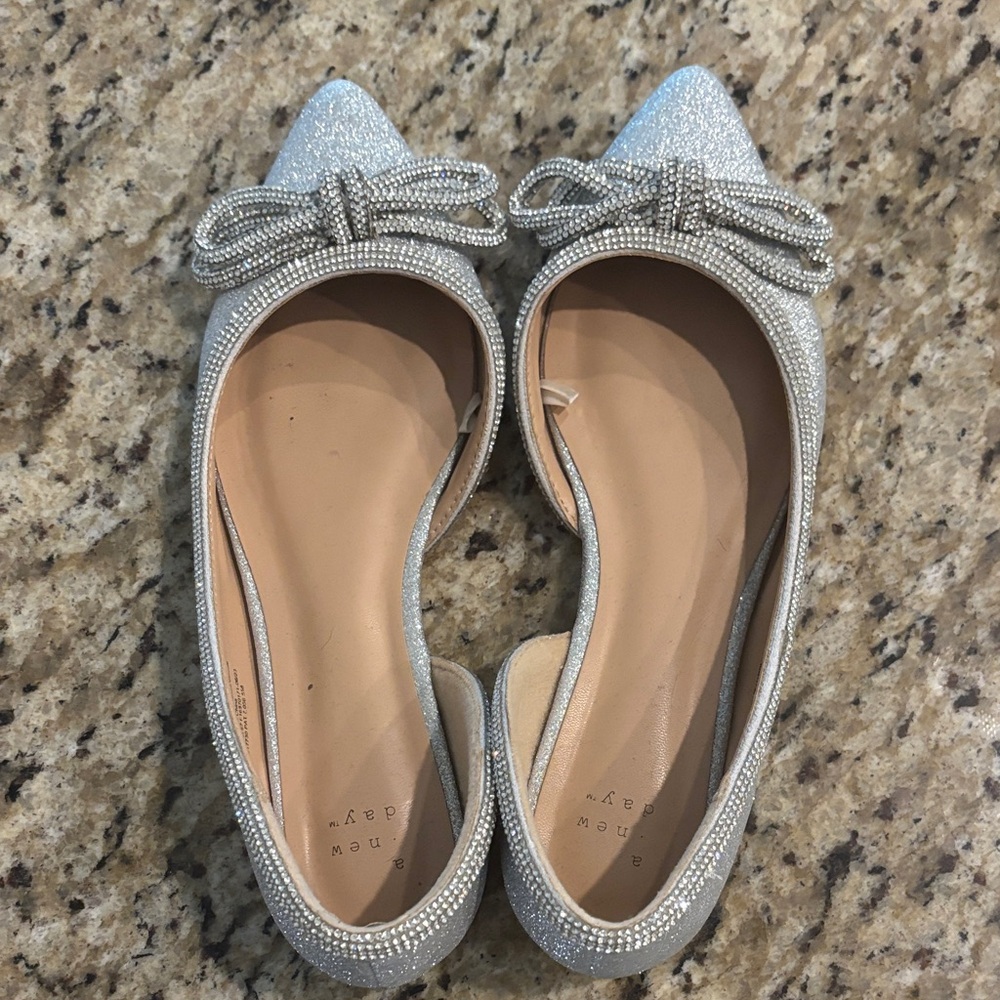 A New Day Silver Glitter Flats with Bow 8.5 Gently worn